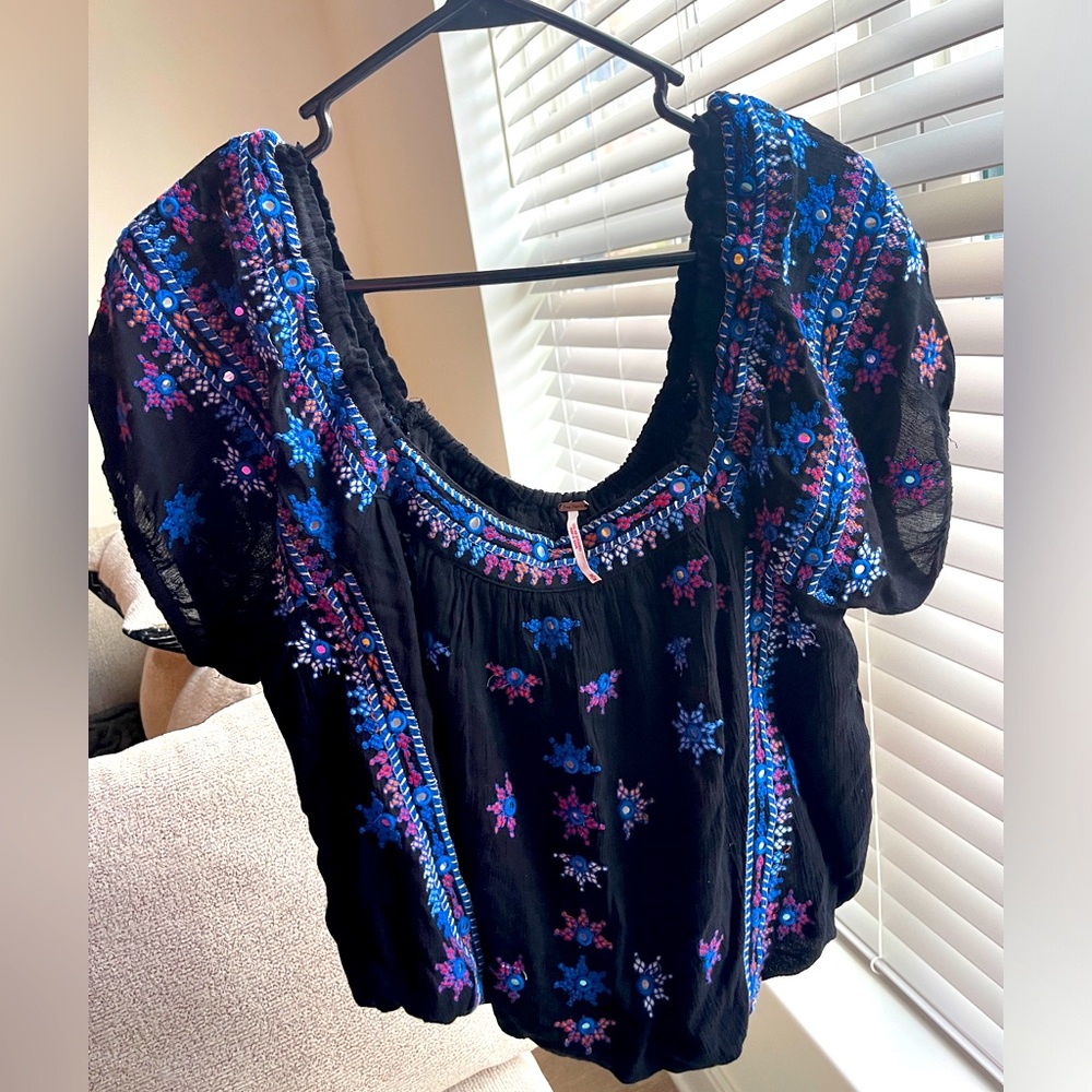 Free People Large Crop Top Embroidered Black Mirrored